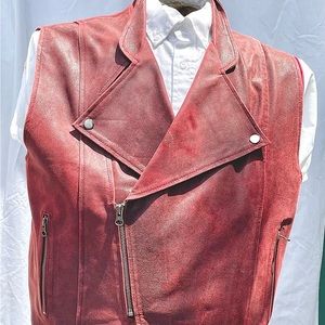 Bespoke red leather biker style vest, size 40.
